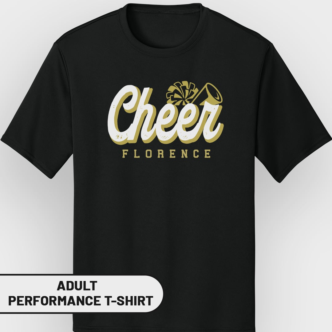 Black t-shirt with "Cheer" and "Florence" text with cheerleading graphics.