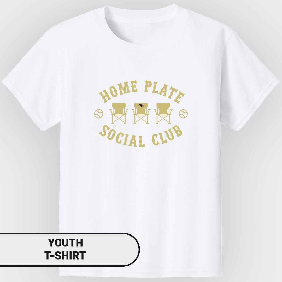 White youth t-shirt with gold "Home Plate Social Club" graphic.