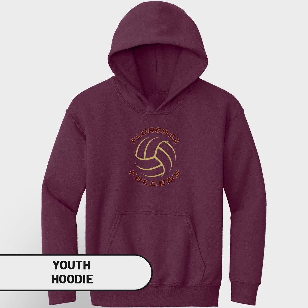 Maroon youth hoodie with volleyball graphic and "Florence Falcons" text.