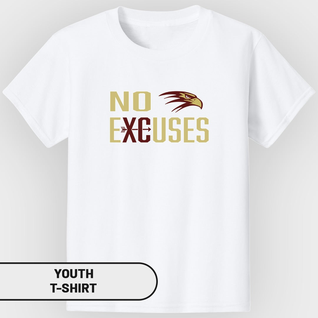 White youth t-shirt with "NO EXCUSES" text and eagle graphic.