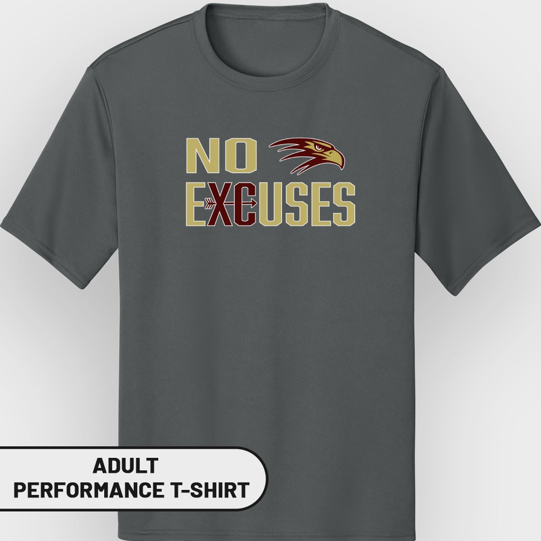 Adult performance t-shirt with "NO EXCUSES" text and an eagle graphic.