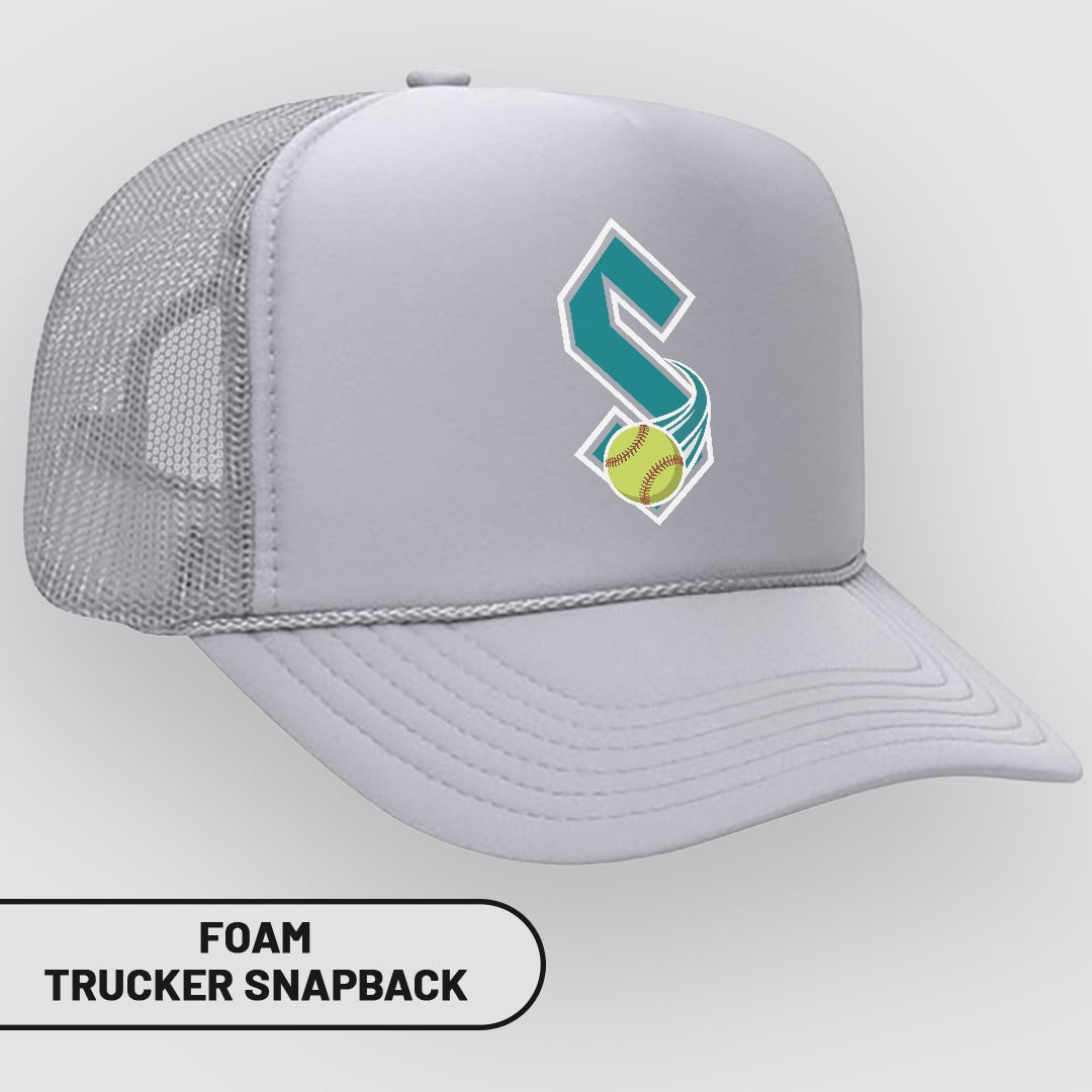 Light gray foam trucker snapback hat with a teal 'S' logo and softball.