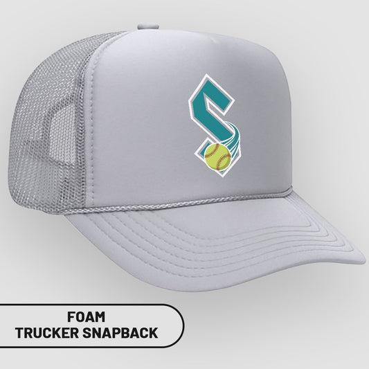 Light gray foam trucker snapback hat with a teal 'S' logo and softball.