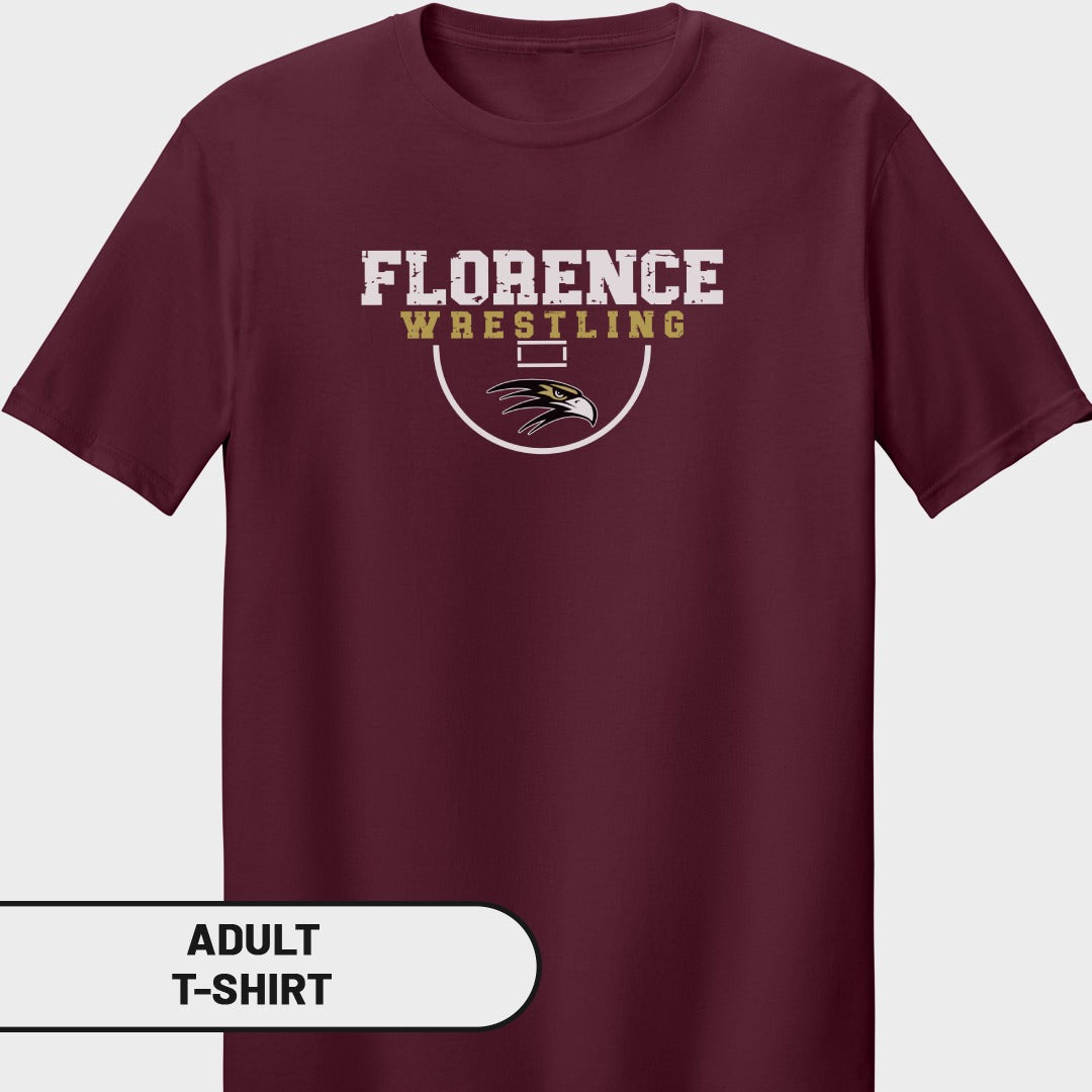 Maroon adult t-shirt with "FLORENCE WRESTLING" text and eagle logo.