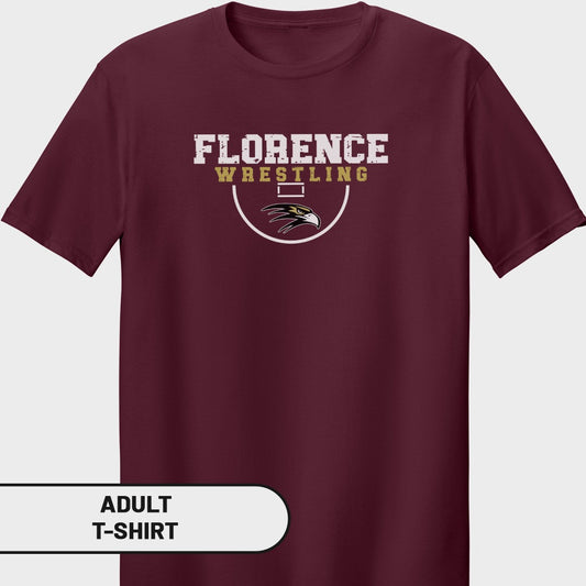 Maroon adult t-shirt with "FLORENCE WRESTLING" text and eagle logo.