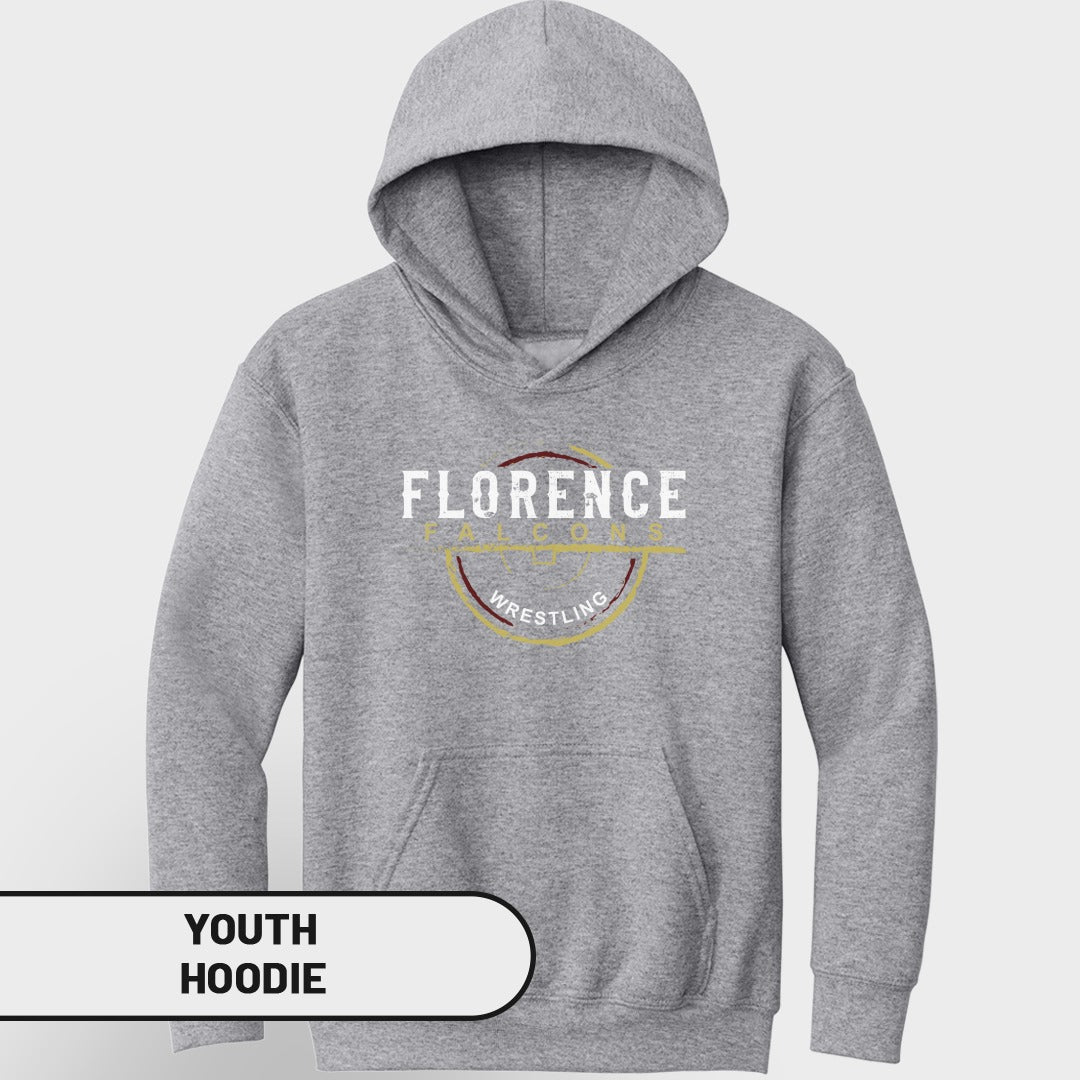 Grey youth hoodie with "Florence Wrestling Falcons" logo design.