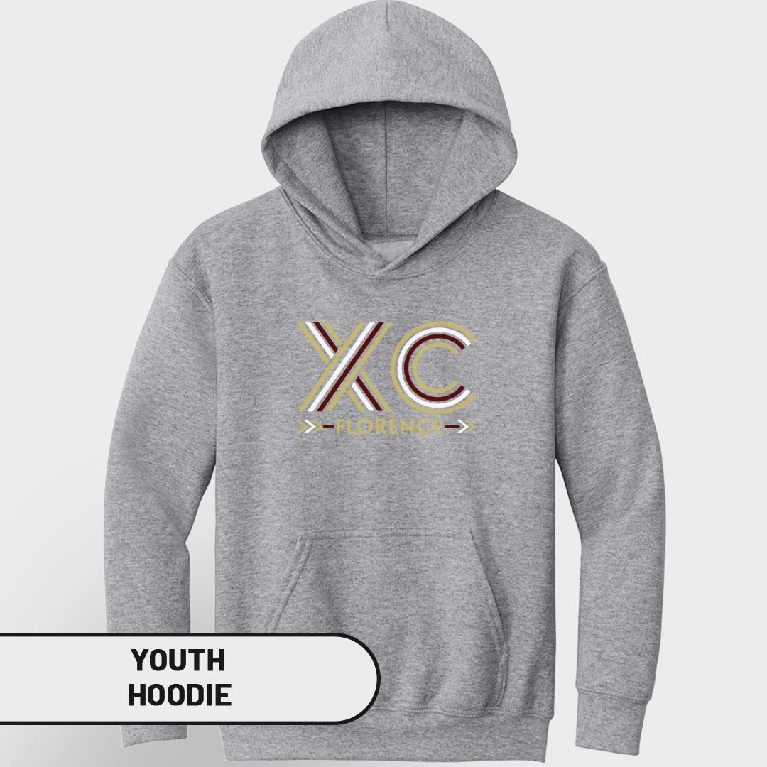 Grey youth hoodie with XC and Florence text graphic.