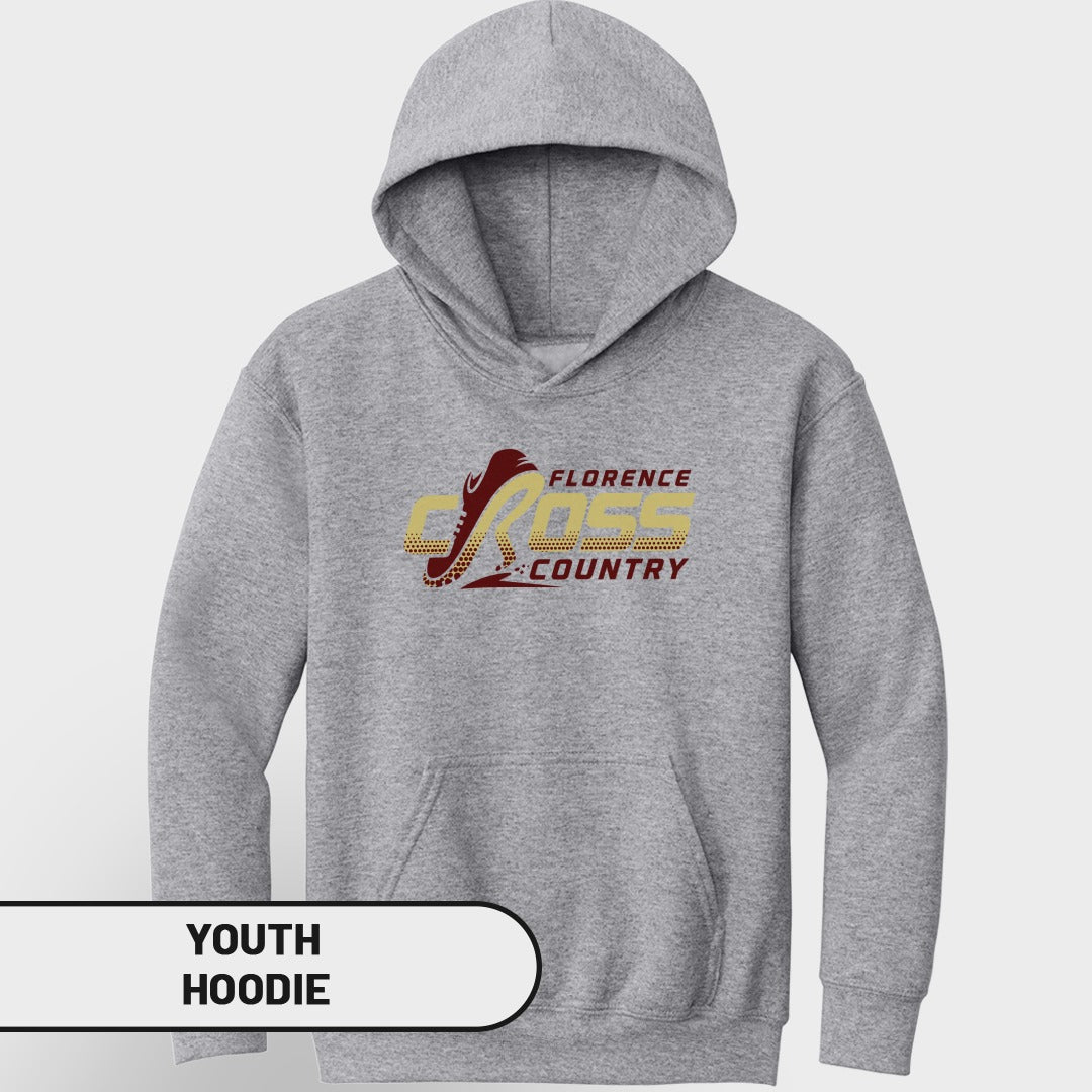 Gray youth hoodie with "Florence Cross Country" logo featuring a running shoe.