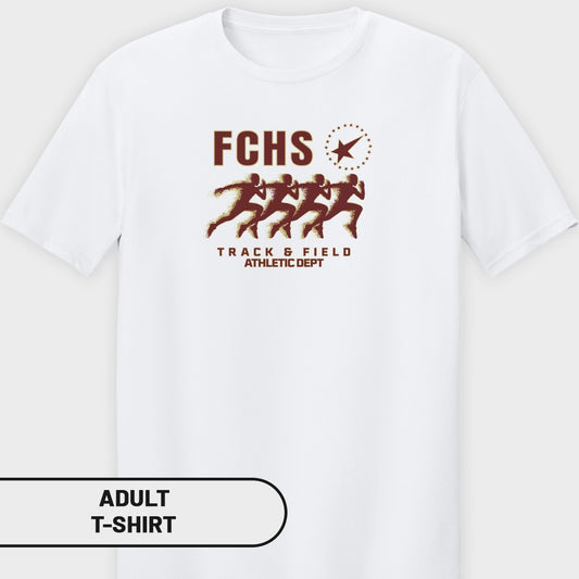 White t-shirt with FCHS Track & Field Athletic Dept graphic.