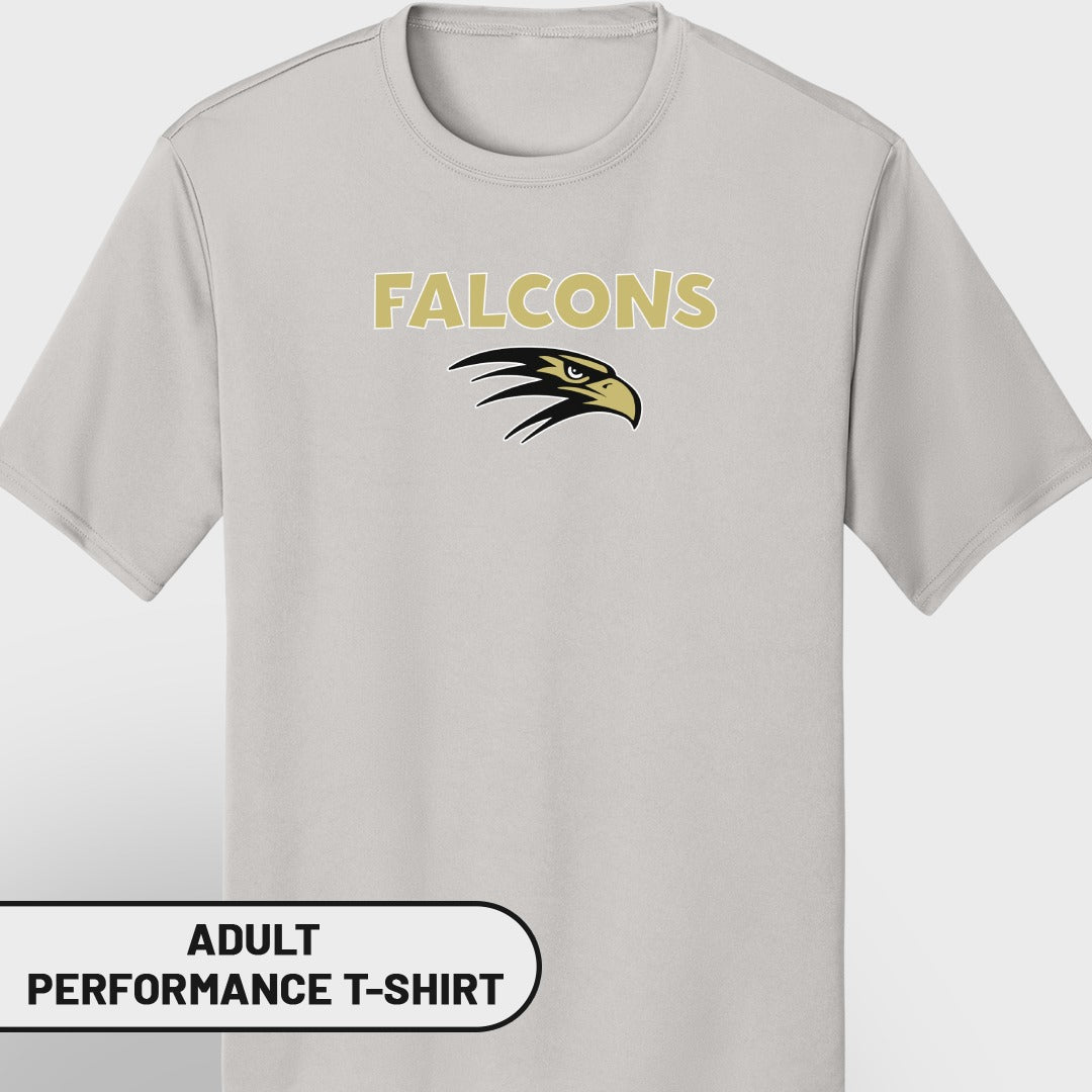 Light grey adult performance t-shirt with gold "FALCONS" text and eagle logo.
