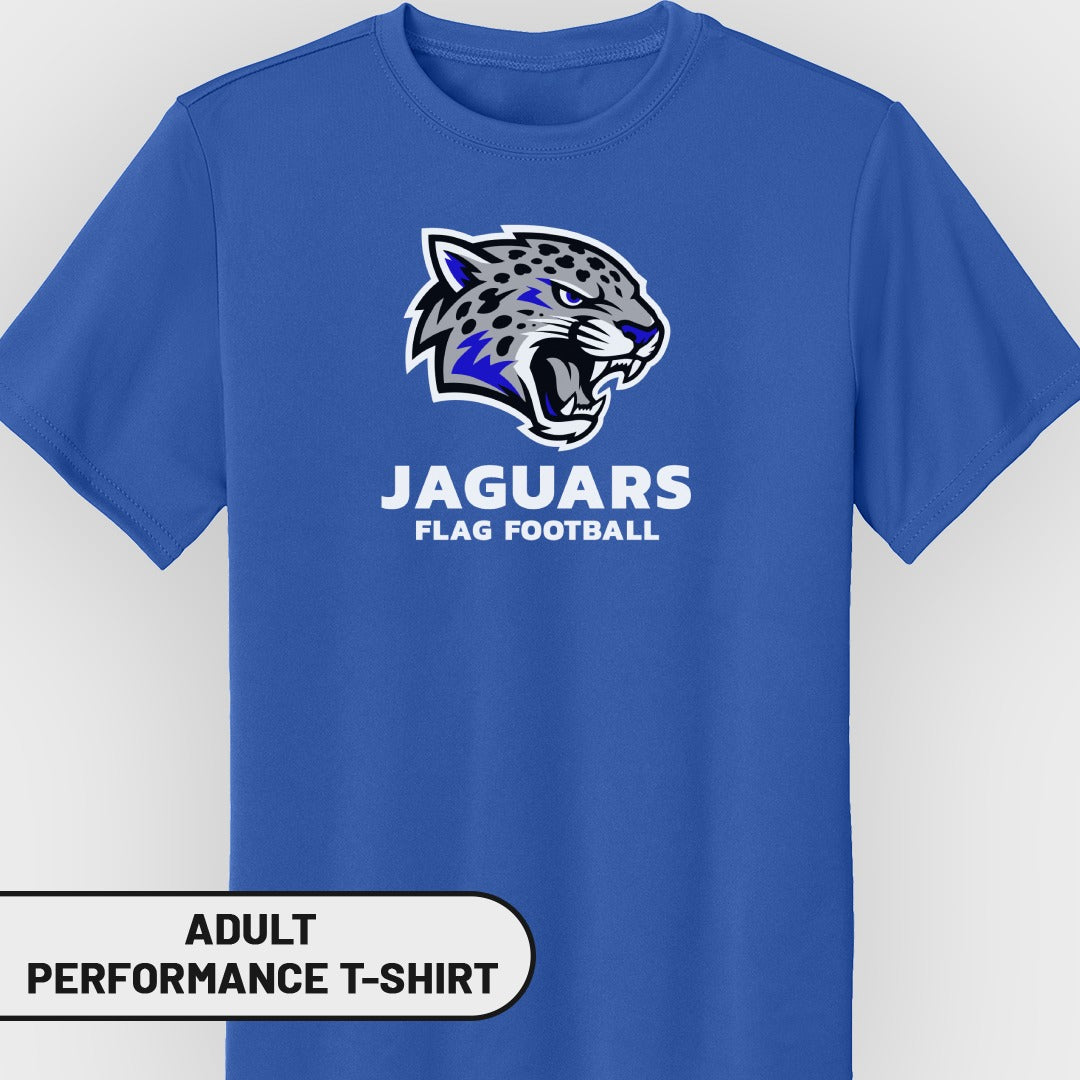 Blue adult performance t-shirt with Jaguars flag football logo.