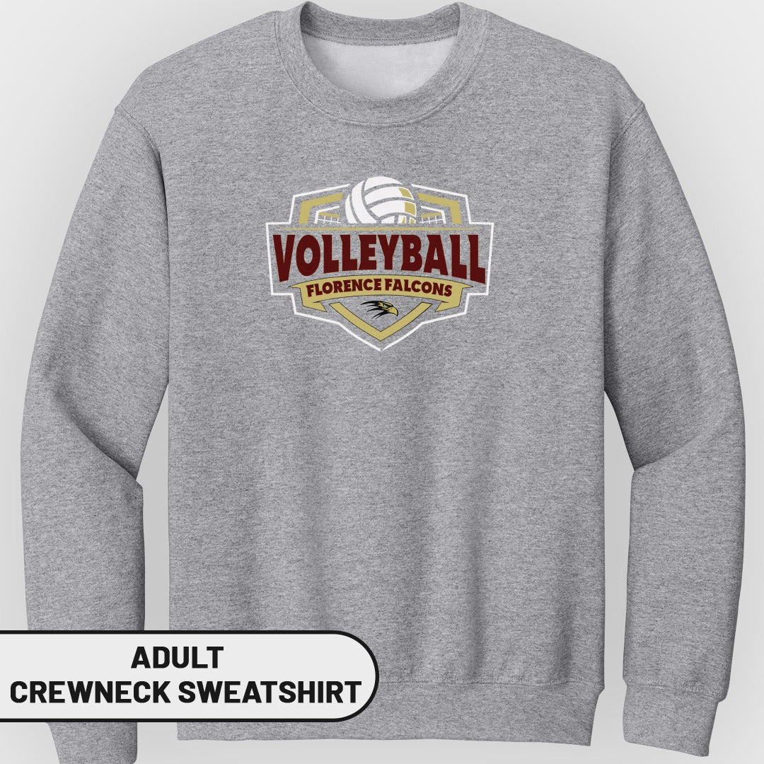 Gray adult crewneck sweatshirt with "Volleyball Florence Falcons" logo and a volleyball.