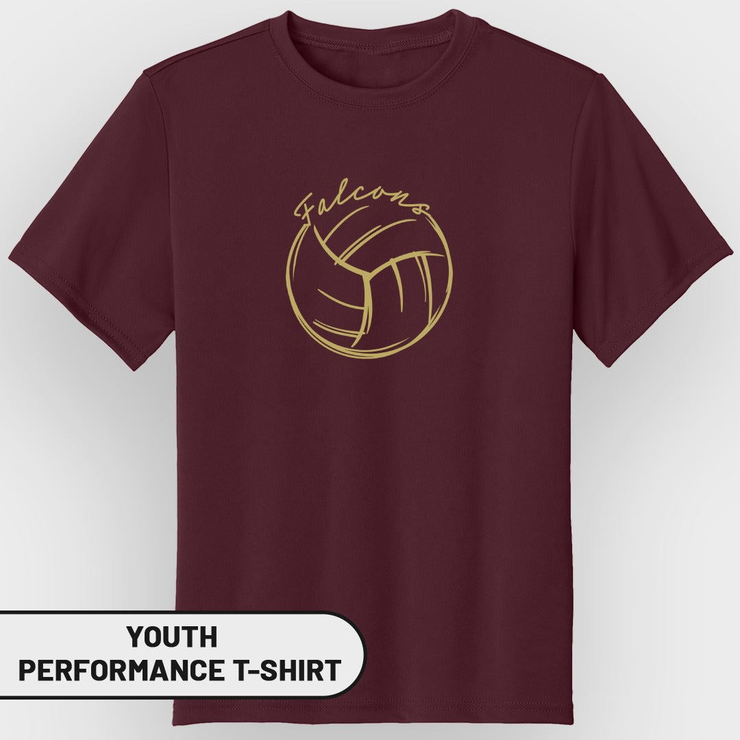 Maroon youth performance t-shirt with gold "Falcons" volleyball graphic.
