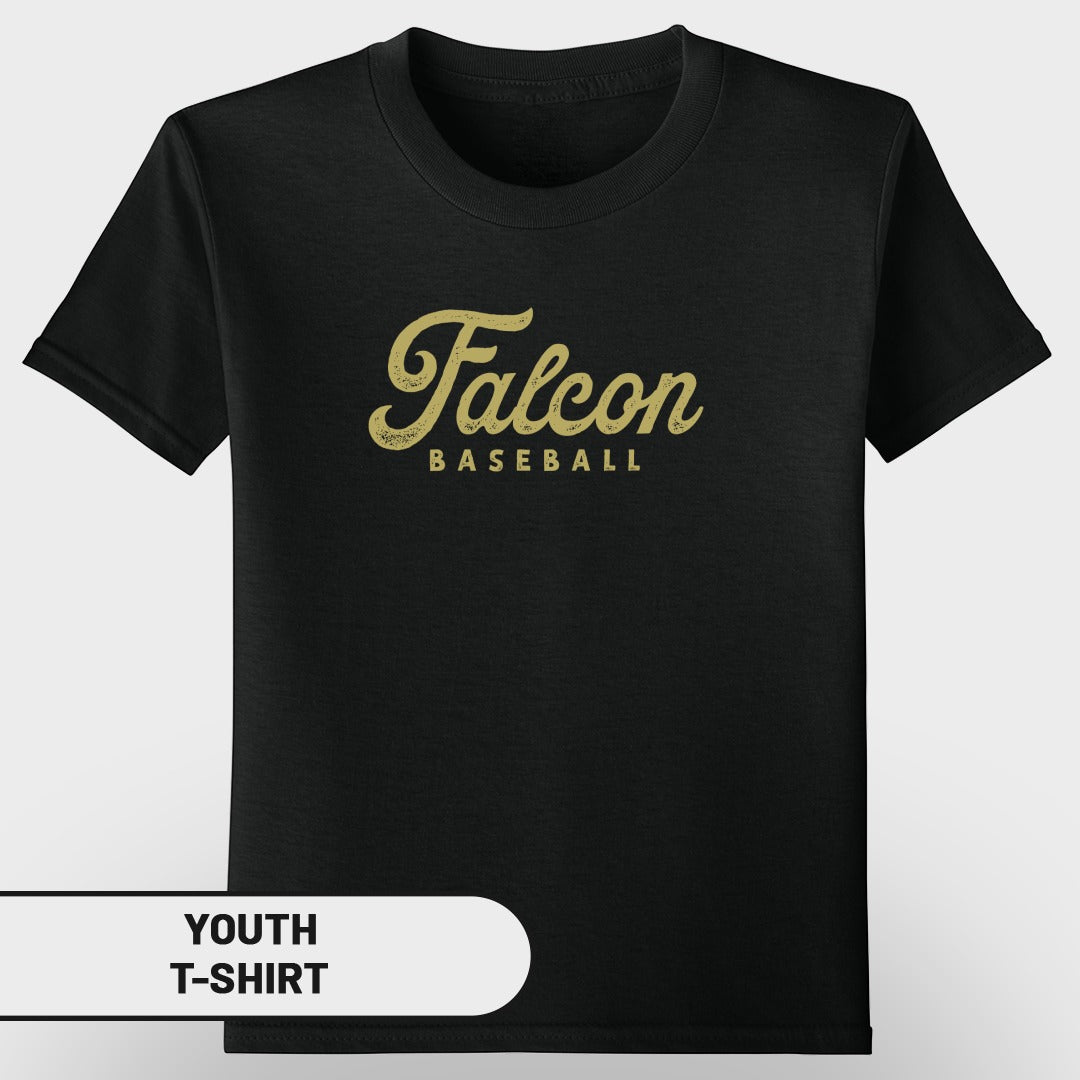 Black youth t-shirt with "Falcon Baseball" in distressed gold text.