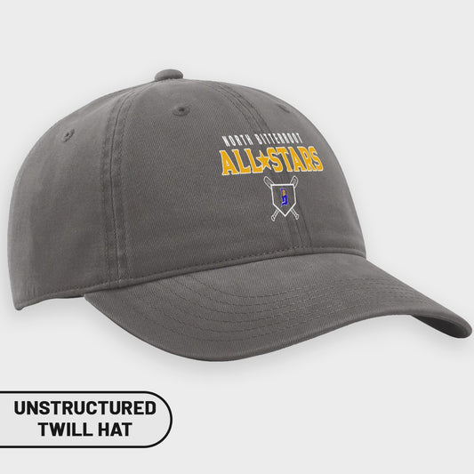 Gray unstructured twill hat with "North Bitterroot All Stars" logo and crossed baseball bats.