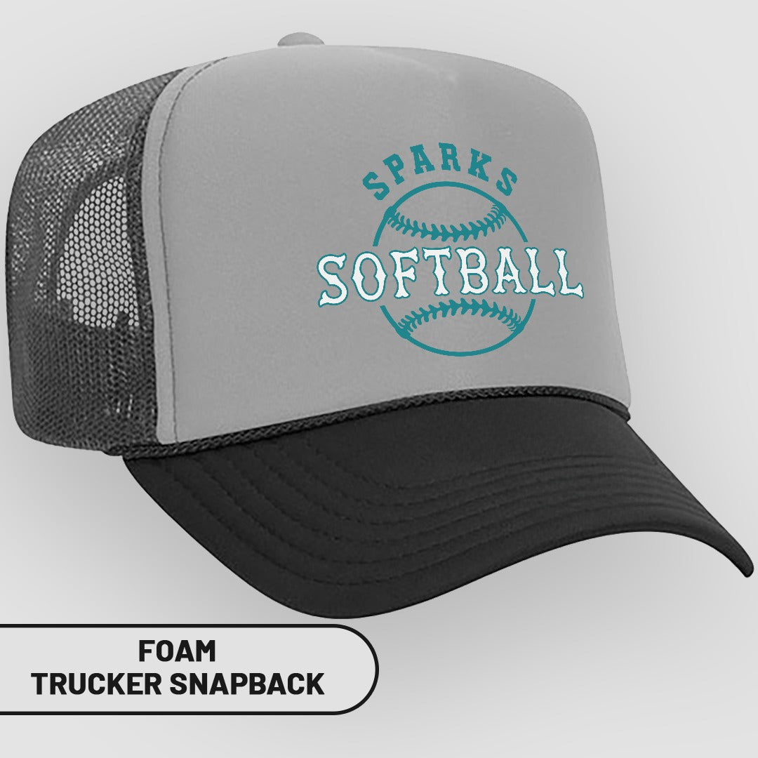 Gray trucker hat with "SPARKS SOFTBALL" text and teal decorative elements.