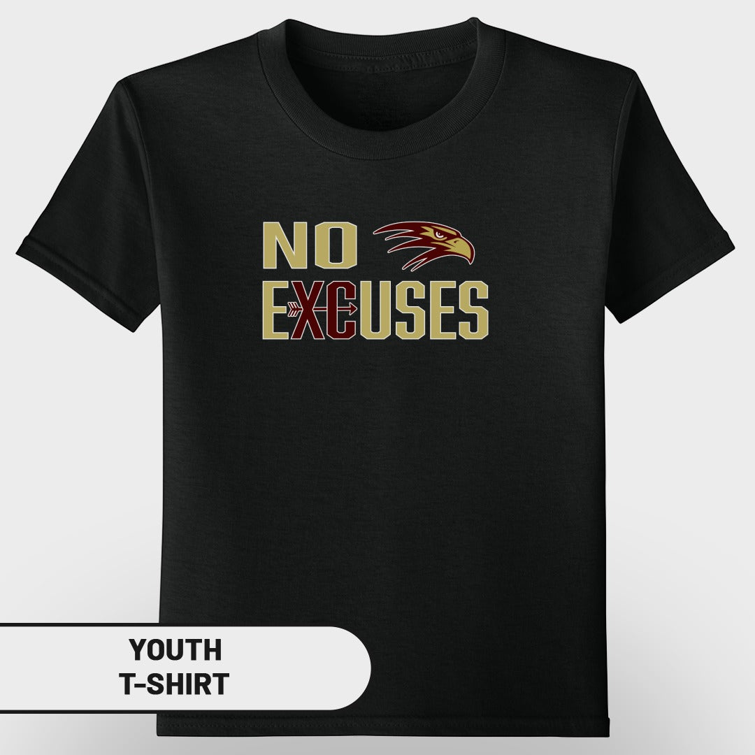 Black youth t-shirt with "NO EXCUSES" text and an eagle head graphic.