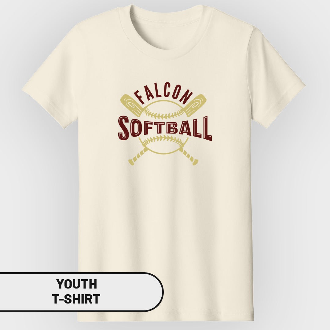 Youth t-shirt with "Falcon Softball" text, softball, and crossed bats graphic.