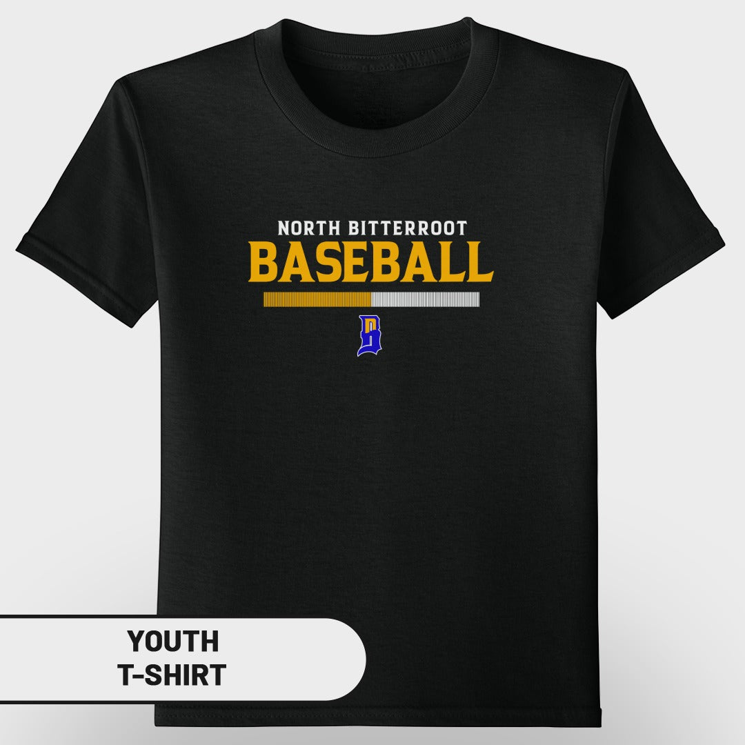 Black youth t-shirt with "North Bitterroot Baseball" and a stylized "B" logo.