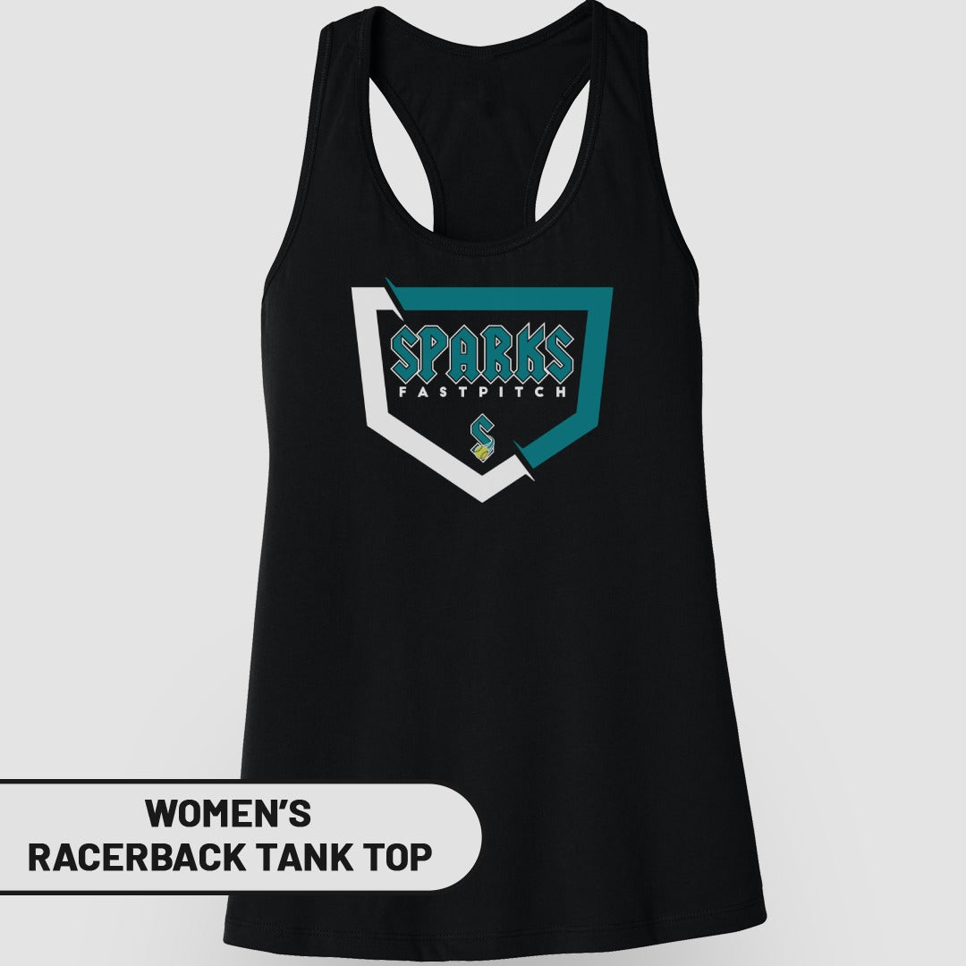 Black women's racerback tank top with "Sparks Fastpitch" logo on chest.