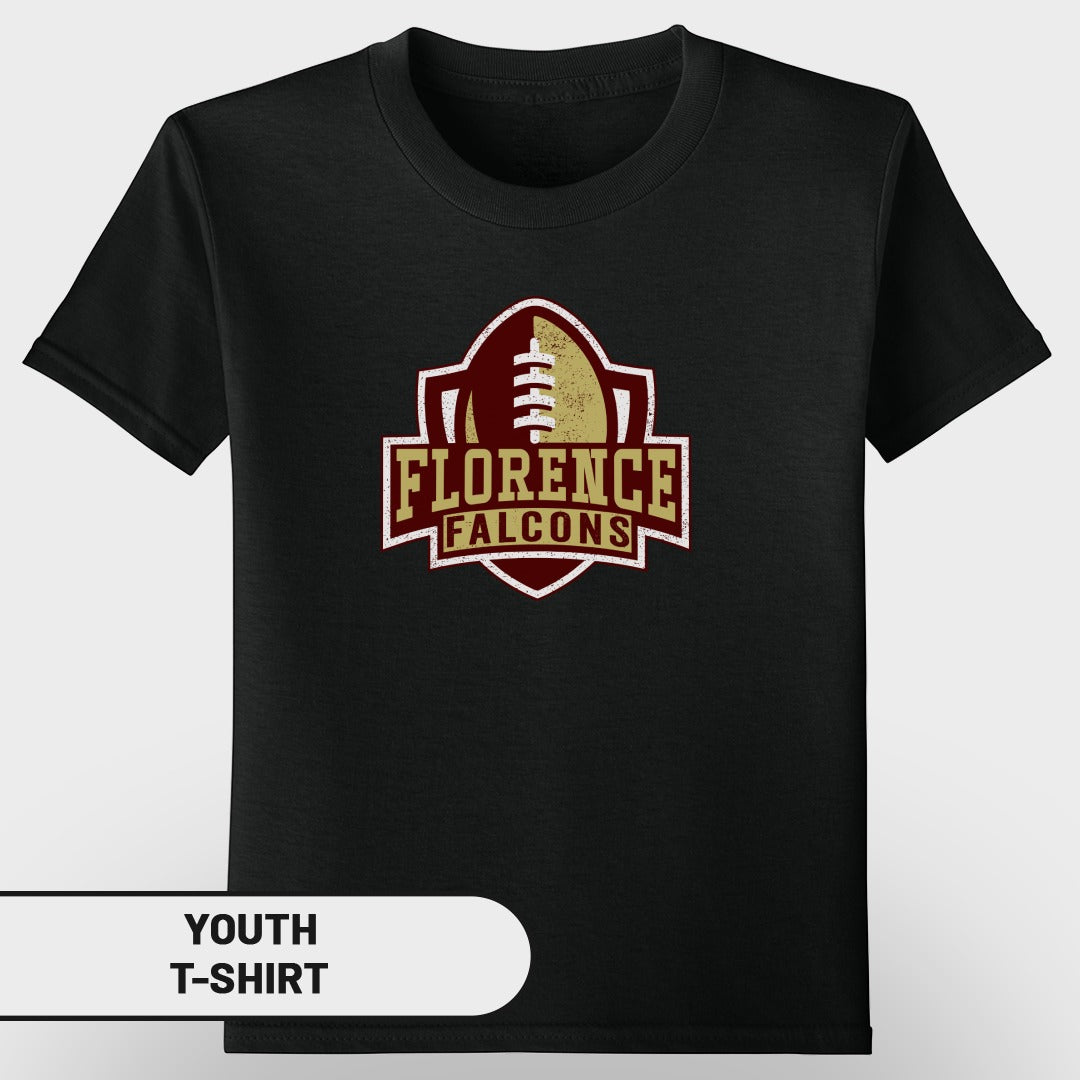 Black youth t-shirt with Florence Falcons football logo on chest.