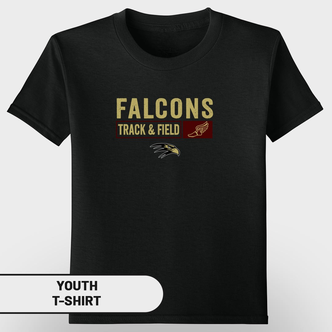 Black youth t-shirt with "FALCONS TRACK & FIELD" text and eagle logo.