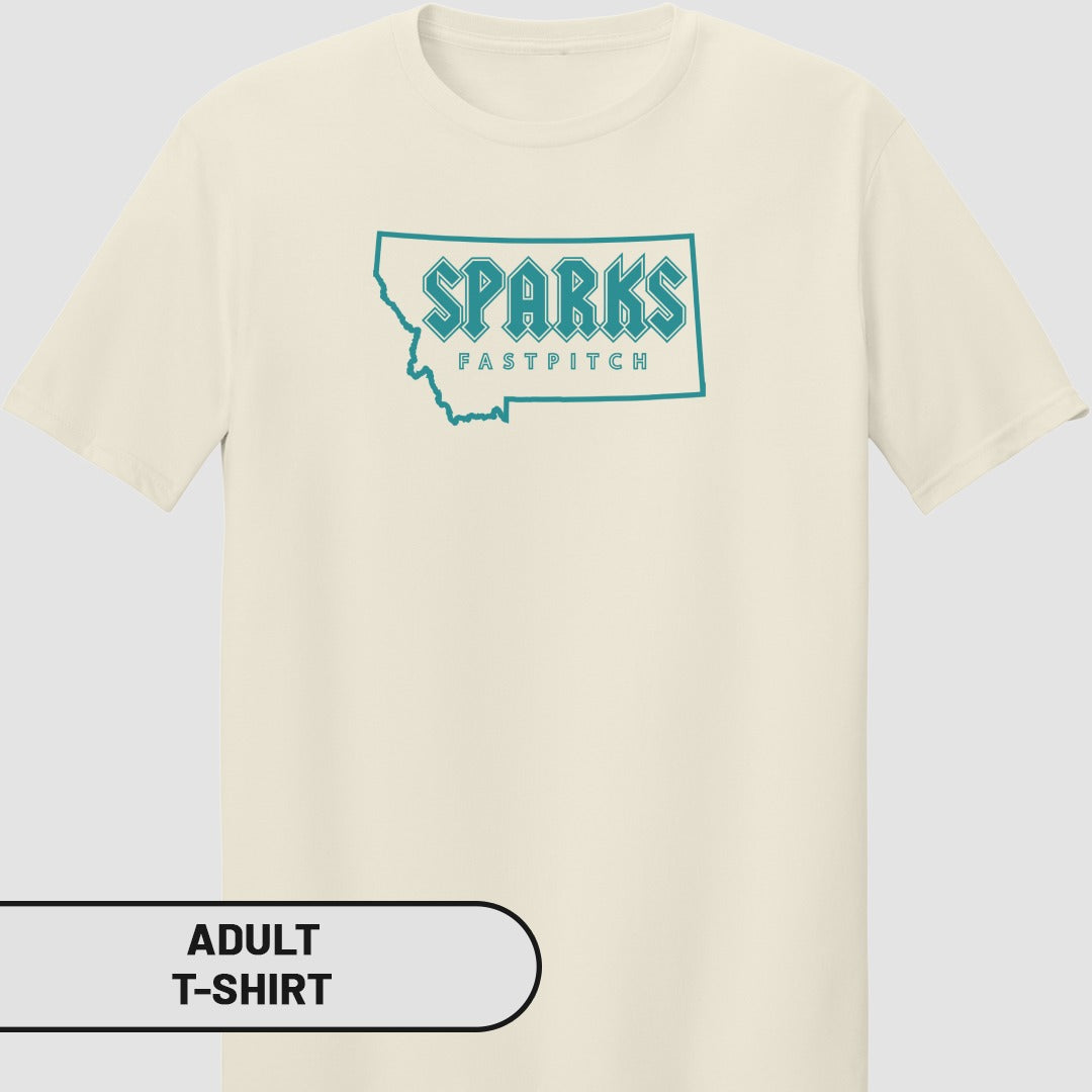 Cream t-shirt with "SPARKS FASTPITCH" in teal text within Montana outline.