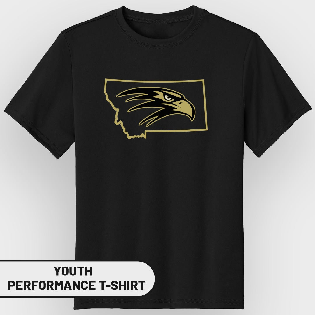 Black youth performance t-shirt with gold Montana outline and eagle head logo.