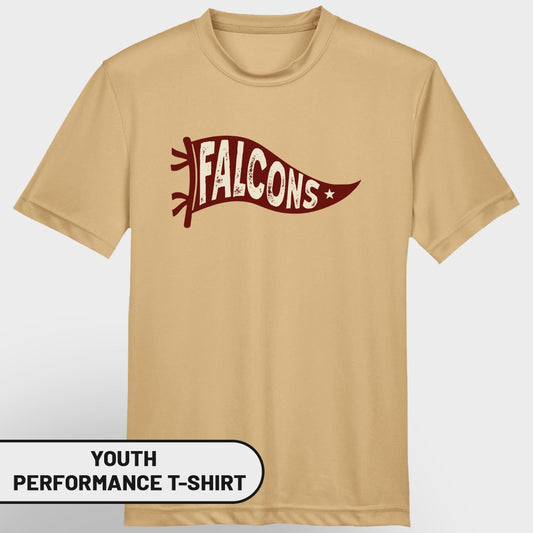 Youth performance t-shirt with a "Falcons" banner graphic.