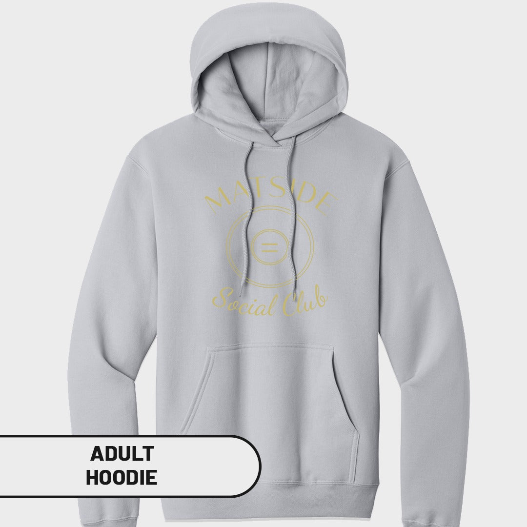Light grey adult hoodie with gold "MAISIDE Social Club" graphic on chest.