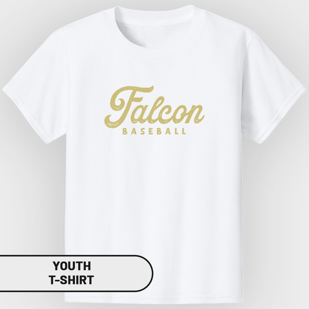 White youth t-shirt with "Falcon Baseball" in gold text.