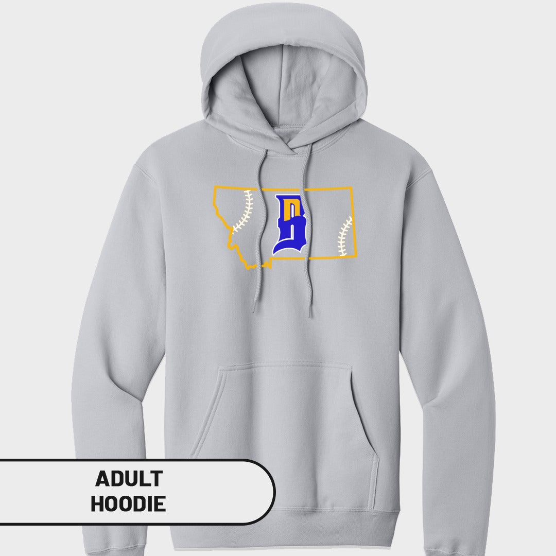 Gray adult hoodie with Montana outline and blue 'B' logo.