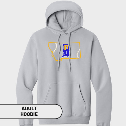 Gray adult hoodie with Montana outline and blue 'B' logo.