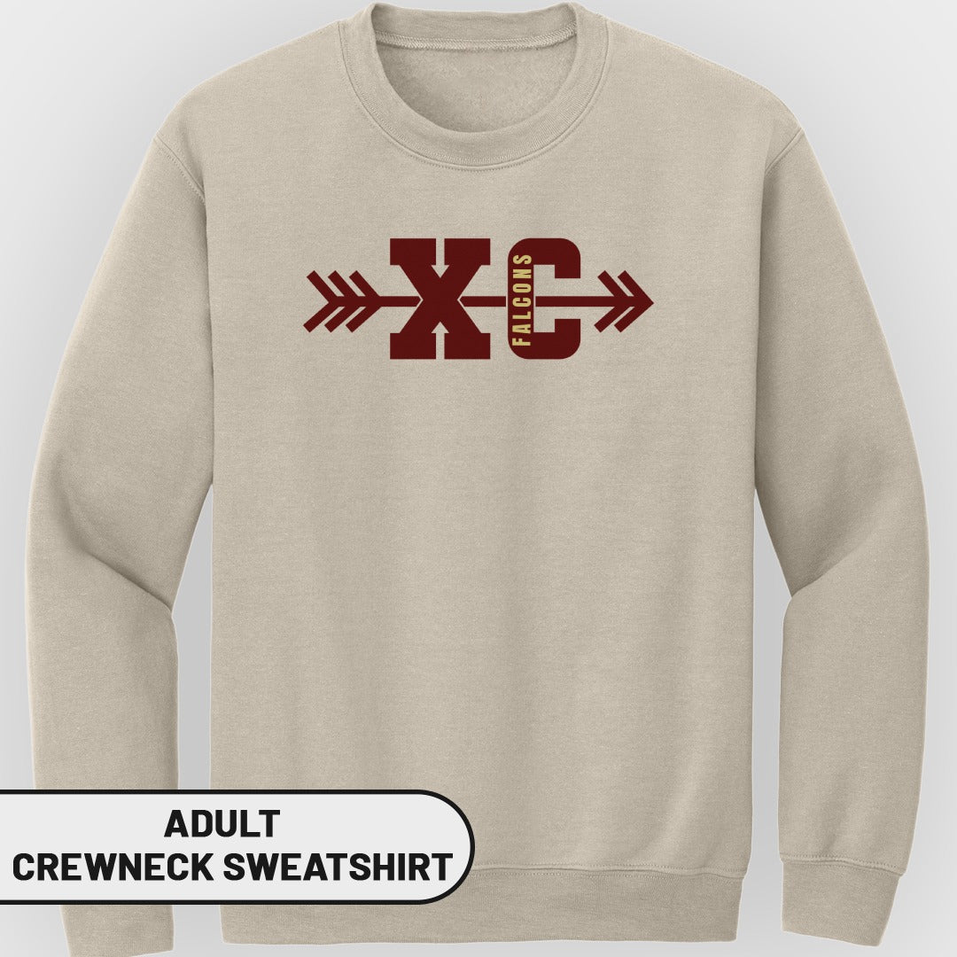 Adult crewneck sweatshirt with maroon XC logo and "Falcons" text.