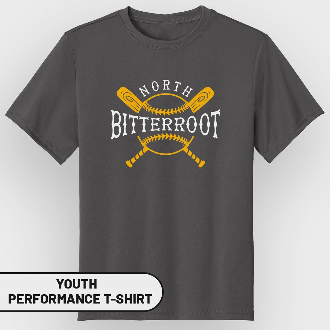 Youth t-shirt with crossed baseball bats and "North Bitterroot" text.