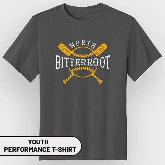 Youth t-shirt with crossed baseball bats and "North Bitterroot" text.