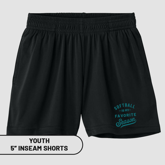 Black youth athletic shorts with "Softball is my favorite season" text.