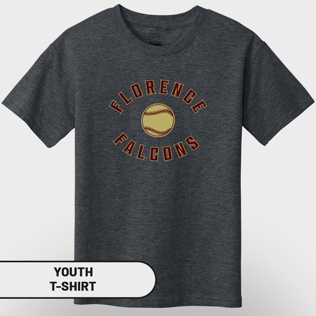 Youth t-shirt with arched "Florence Falcons" text and baseball graphic.