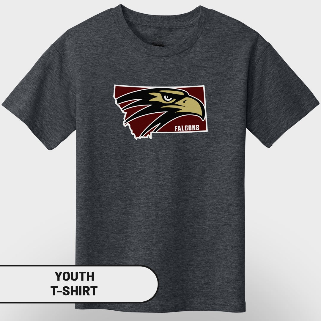 Dark gray youth t-shirt with a maroon Montana outline and a falcon logo labeled "FALCONS".