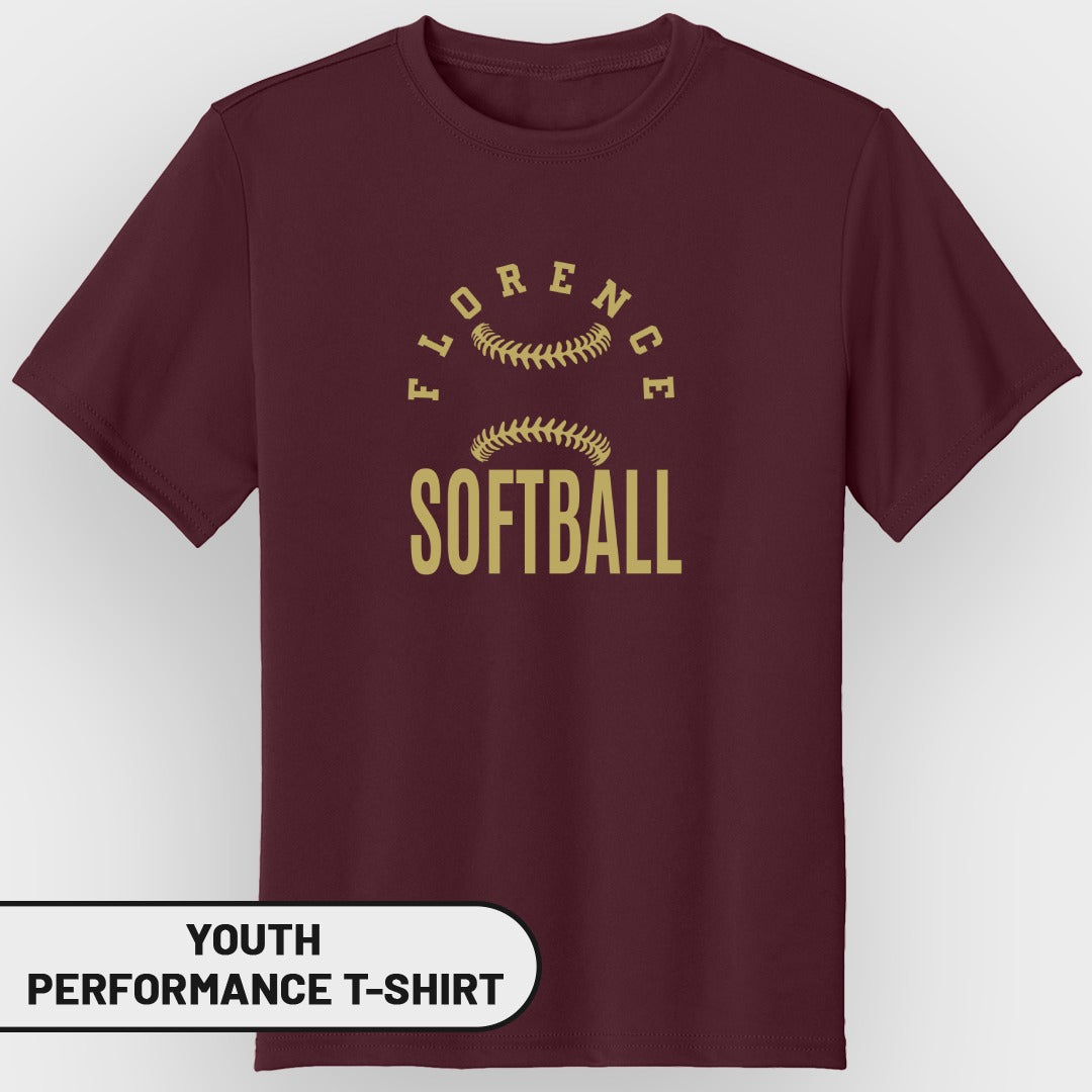 Maroon youth performance t-shirt with "Florence Softball" and softball graphics.