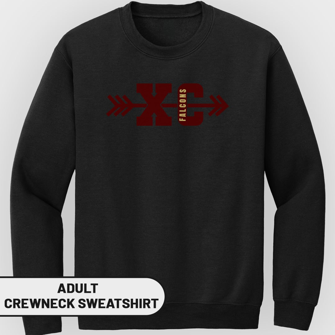 Black adult crewneck sweatshirt with maroon "XC" logo and "FALCONS" text.