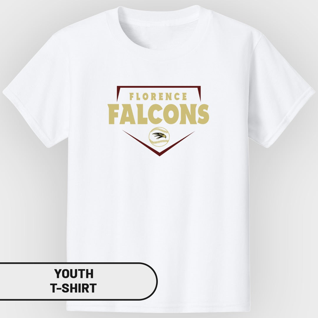 White youth t-shirt with "FLORENCE FALCONS" text and baseball graphic.