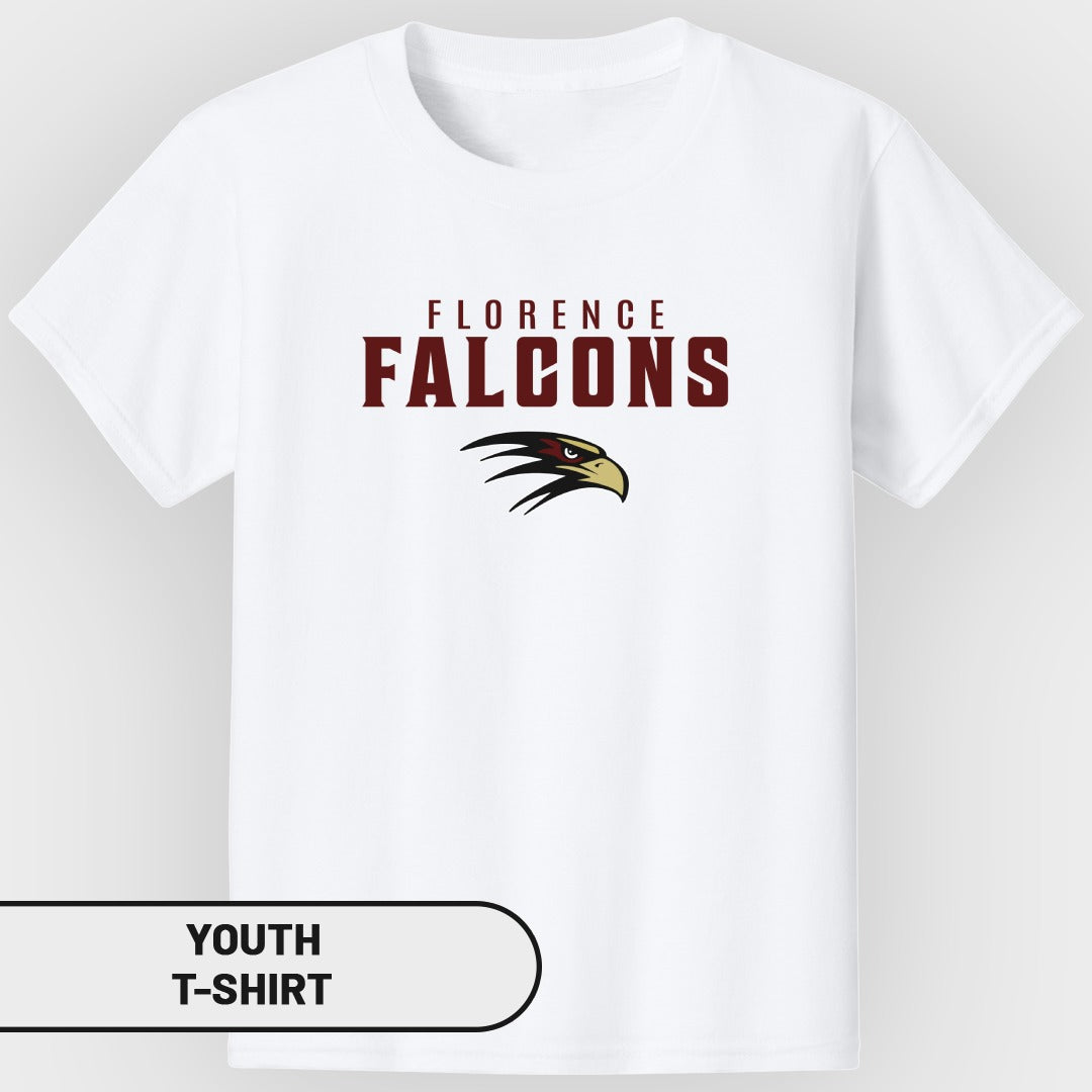 White youth t-shirt with "FLORENCE FALCONS" text and a falcon graphic.