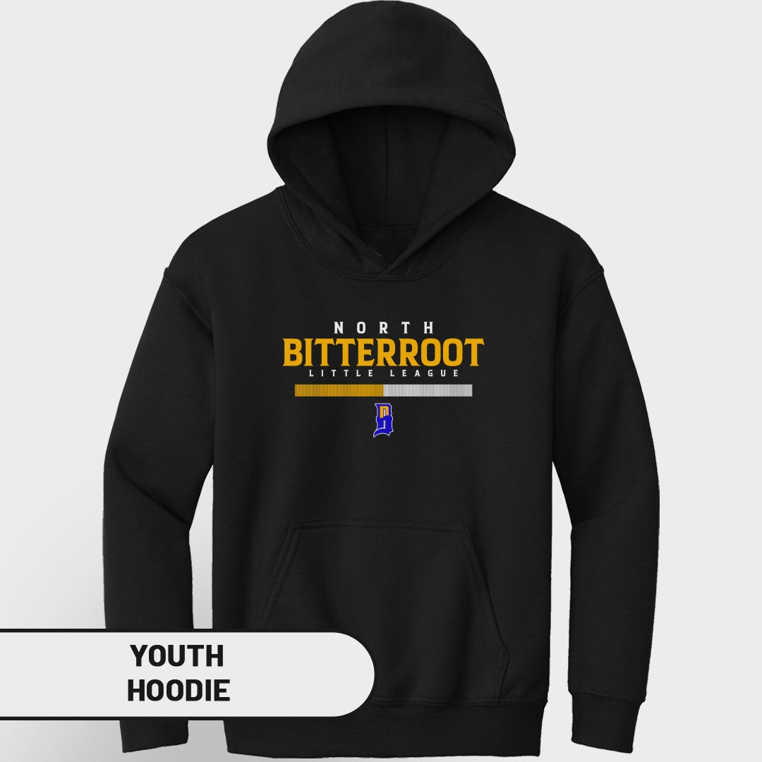 Black youth hoodie with "North Bitterroot Little League" text and logo.