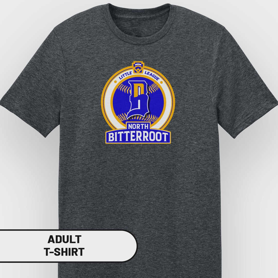Adult t-shirt featuring the North Bitterroot Little League logo.