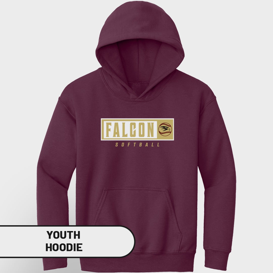 Maroon youth hoodie with "FALCON SOFTBALL" text and falcon logo.
