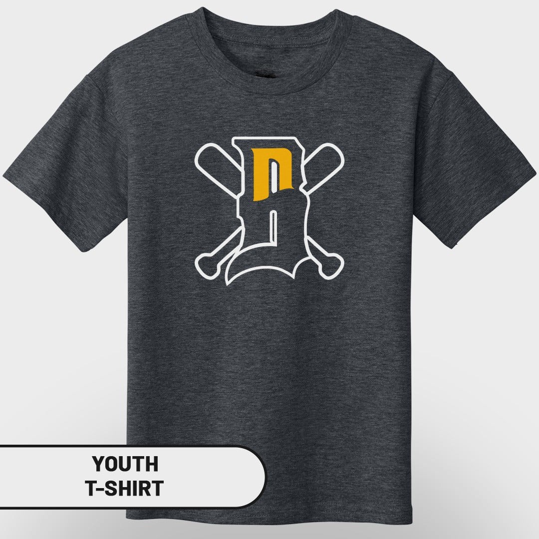 Dark grey youth t-shirt with white and yellow baseball bat logo.