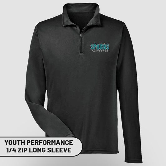 Black youth performance 1/4 zip long sleeve shirt with Sparks Fastpitch logo.