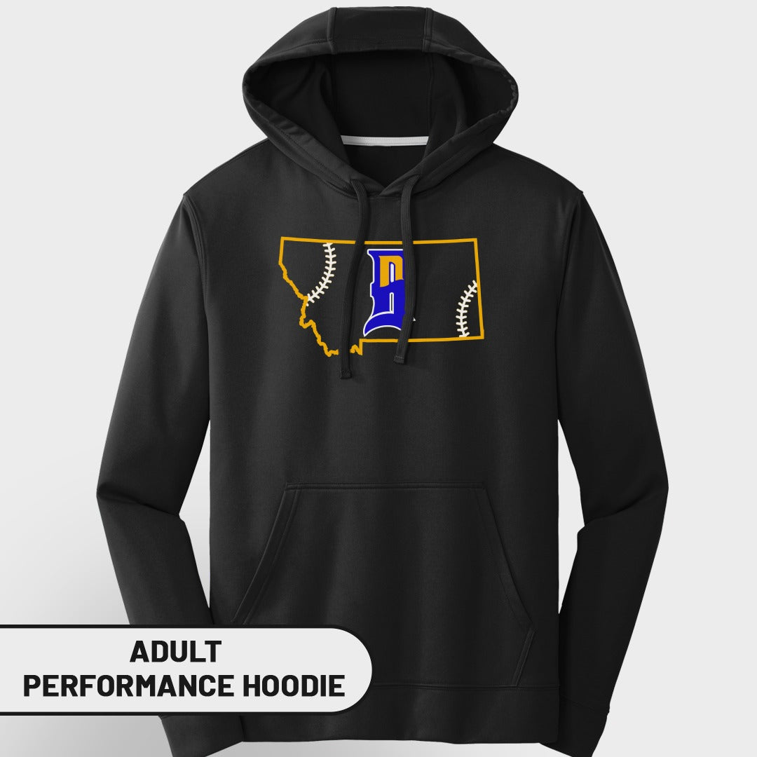 Black hoodie with Montana outline containing a baseball diamond and the letter D.