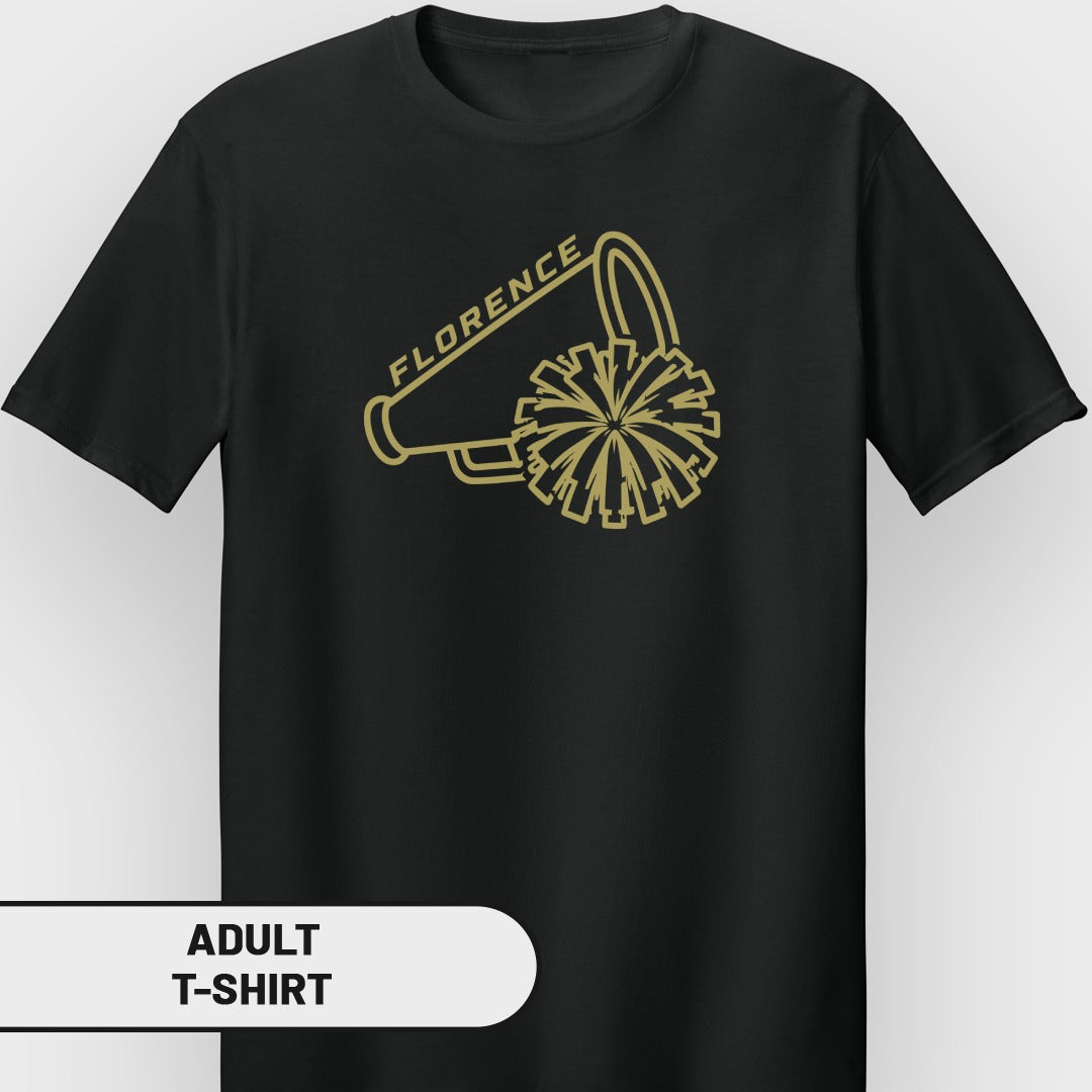 Black adult t-shirt with gold outline of a megaphone and pom-pom with "FLORENCE" text.